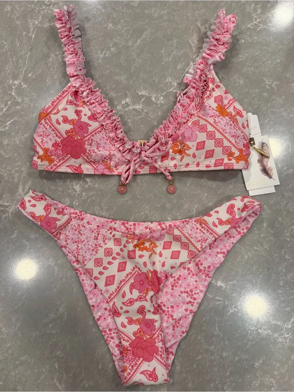 Jessica Simpson Reversible Pink White Floral Ruffle Bikini Set XS NWT